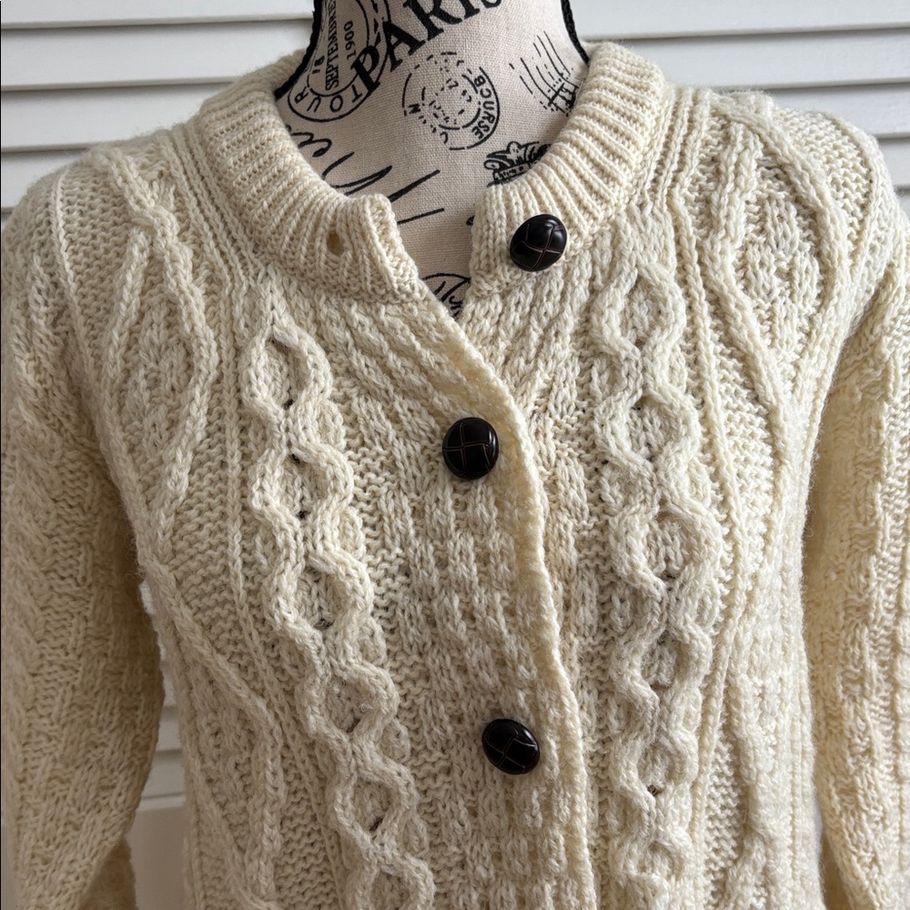 Aran Cardigan Cable Knit Sweater Pockets L - Picture 2 of 10